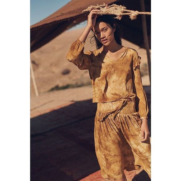 Madewell Tie Dye Ruffle A Line Skirt Set Women's XS Brown V Neck Pleated Boho - Picture 1 of 10